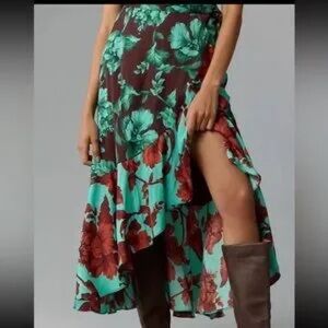 Floral Asymmetrical Midi Skirt in Teal and Burgundy
